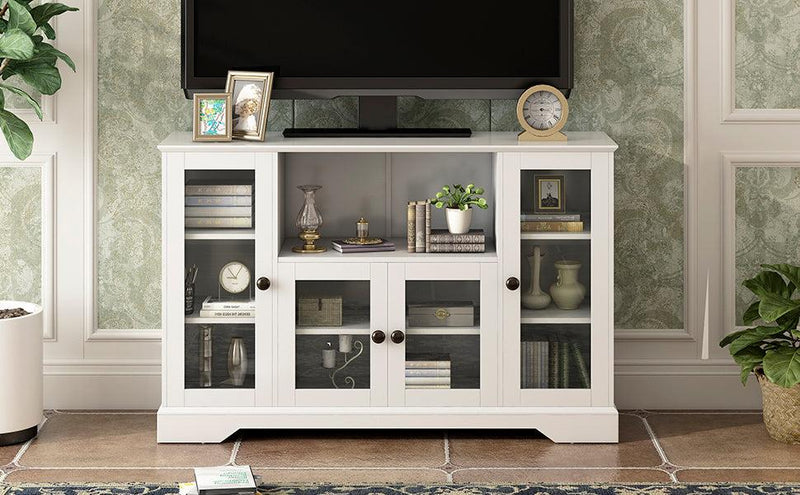 TV Stand for TV up to 60in with 4 Tempered Glass Doors Adjustable Panels Open Style Cabinet, Sideboard for Living room, White - Urban Living Furniture (Los Angeles, CA)