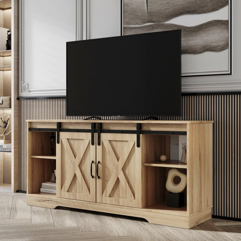 TV Stand Sliding Barn DoorModern&Farmhouse Wood Entertainment Center,Storage Cabinet Table Living Room with Adjustable Shelves for TVs Up to 65", Rustic Oak - Urban Living Furniture (Los Angeles, CA)