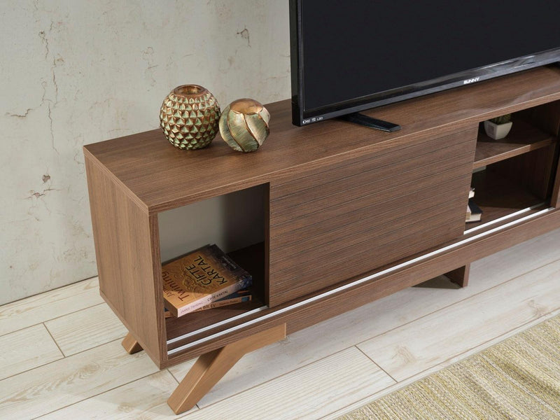 Luxia Mid CenturyModern Tv Stand 2 Sliding Door Cabinet 2 Shelves 67 inch Tv Unit, Walnut