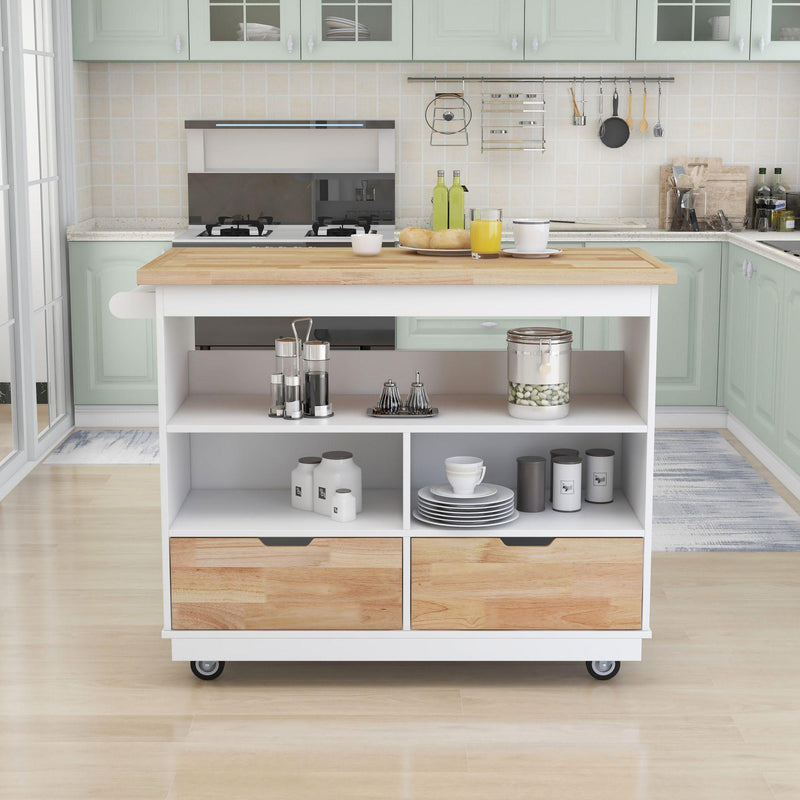 Kitchen Cart Rolling Mobile Kitchen Island Solid Wood Top, Kitchen Cart With 2 Drawers,Tableware Cabinet（White） - Urban Living Furniture (Los Angeles, CA)