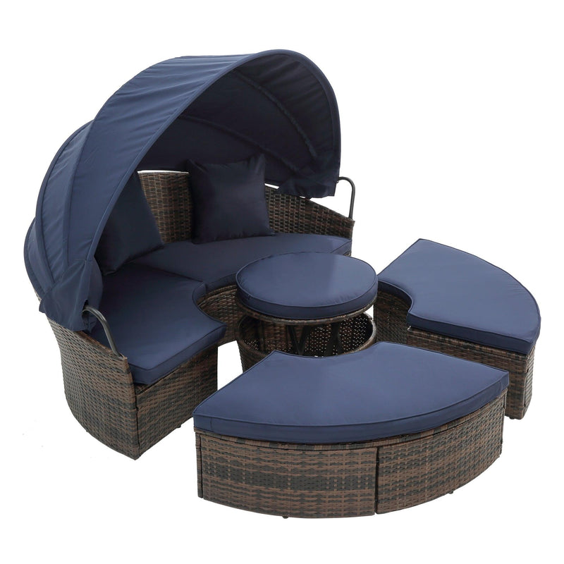 Rattan Round Lounge With Canopy Bali Canopy Bed Outdoor, Wicker Outdoor Sofa Bed with lift coffee table