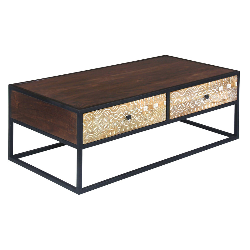 45 Inch Carson Rectangular ManWood Coffee Table with Metal Frame and 2 Drawers, Brown and Black