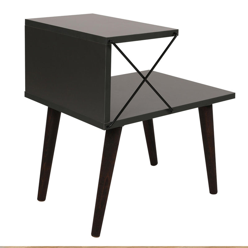 22 Inch Rectangular 2 Tier Wood  Nightstand Side Table, Crossed Metal Bar Frame, Angled Legs, Charcoal Gray, Brown - Urban Living Furniture (Los Angeles, CA)