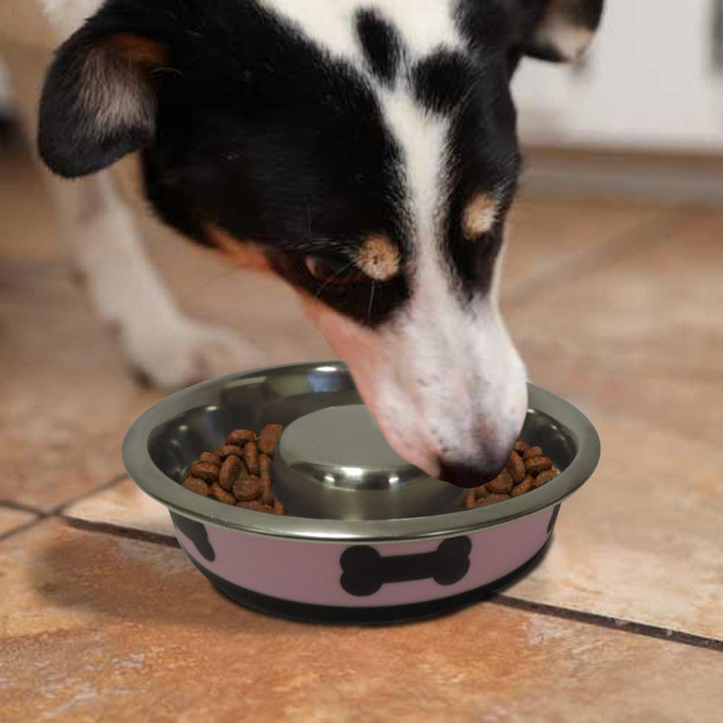 Slow Feeder Spill Proof Pet Bowl with Rubber Base and Bone Design, Pink and Black - Urban Living Furniture (Los Angeles, CA)