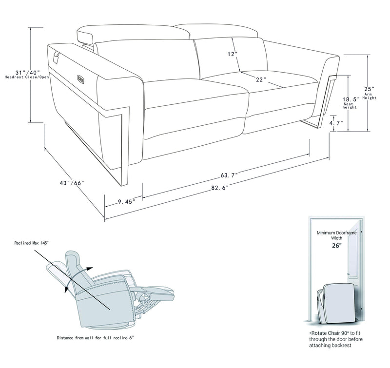 Global United Top Grain Italian Leather Sofa with Power Recliner