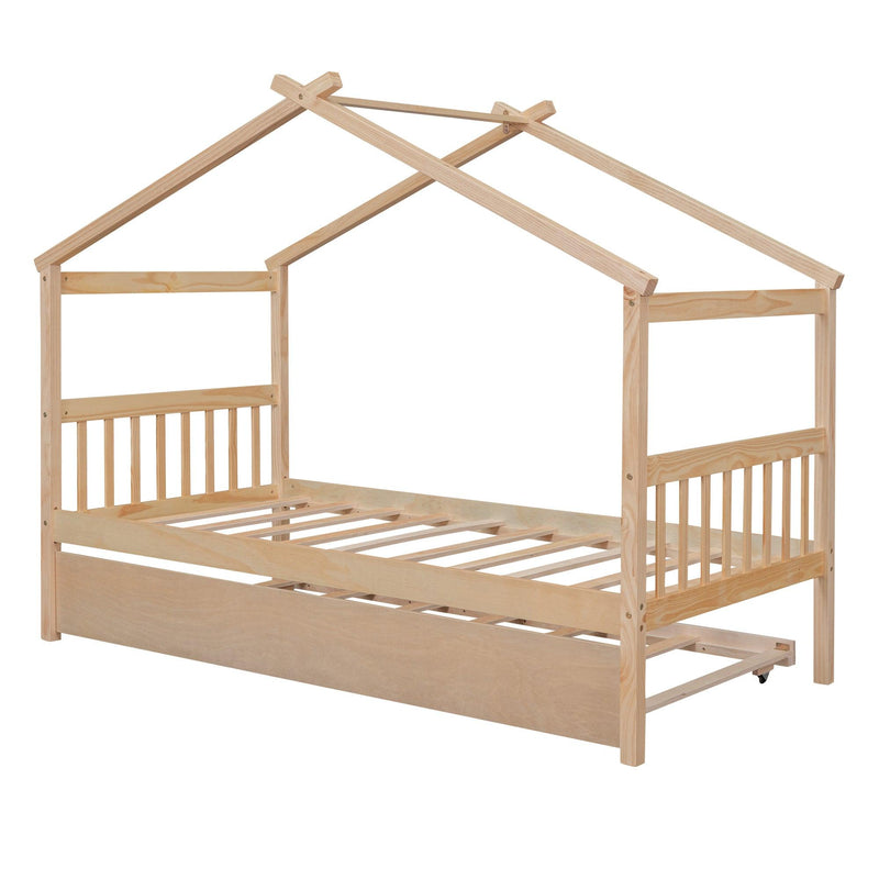 Twin Size Wooden House Bed with Twin Size Trundle, Natural - Urban Living Furniture (Los Angeles, CA)