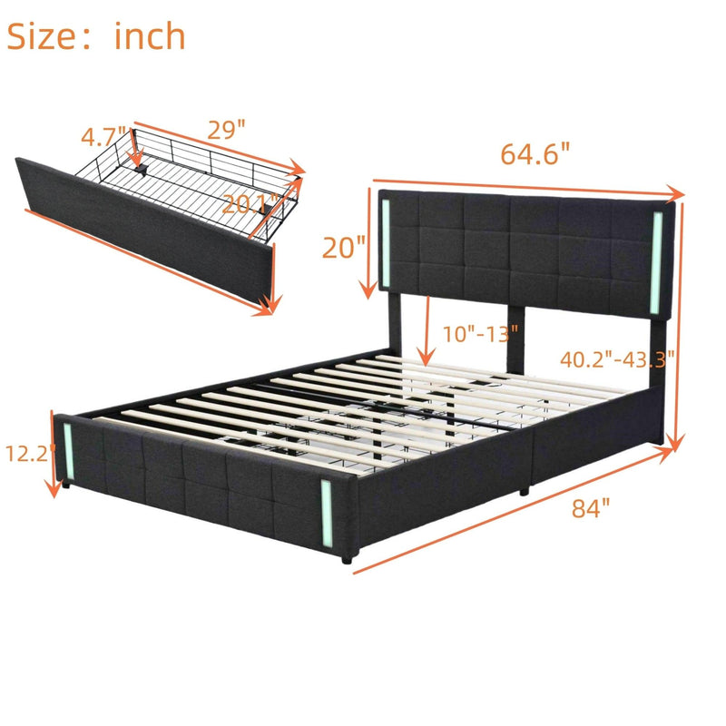 Queen Size Upholstered Platform Bed with LED Lights and USB Charging,Storage Bed with 4 Drawers, Dark Gray - Urban Living Furniture (Los Angeles, CA)