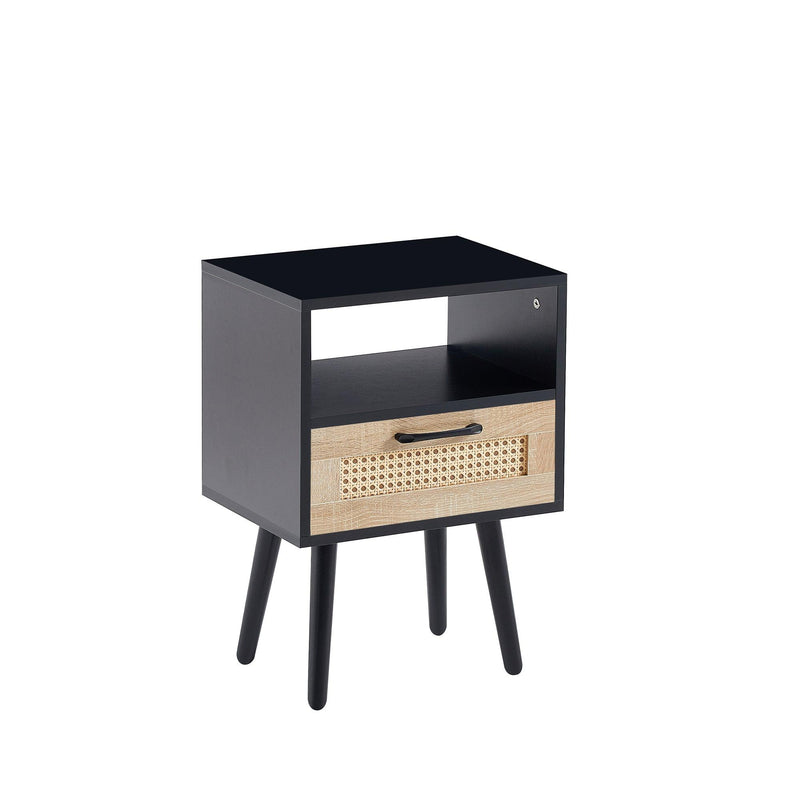 15.75" Rattan End table with  drawer and solid wood legs,Modern nightstand, side table for living roon, bedroom, black