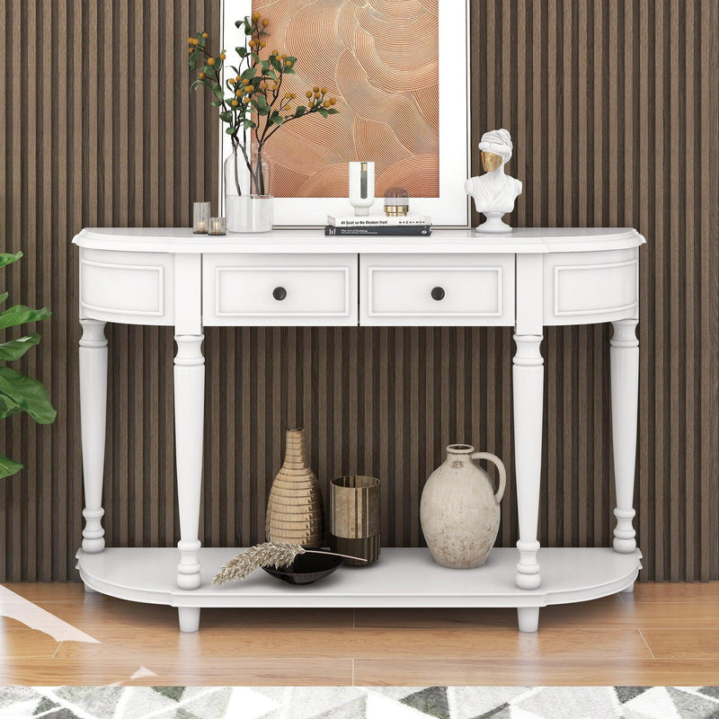 Retro Circular Curved Design Console Table with Open Style Shelf Solid Wooden Frame and Legs Two Top Drawers (Antique White) - Urban Living Furniture (Los Angeles, CA)