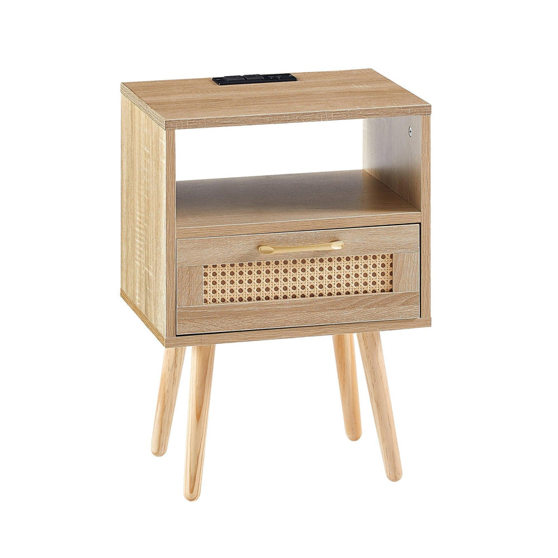 15.75" Rattan End table with Power Outlet  & USB Ports ,Modern nightstand with drawer and solid wood legs, side table for living roon, bedroom,natural - Urban Living Furniture (Los Angeles, CA)