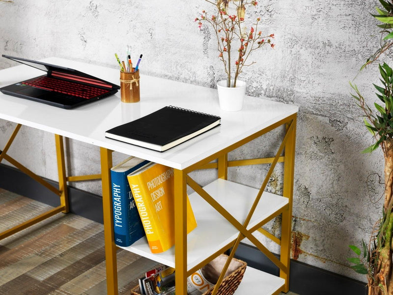 Furnish Home Store Morello Gold Metal Frame 47" Wooden Top 2 Shelves Writing and Computer Desk for Home Office, White - Urban Living Furniture (Los Angeles, CA)