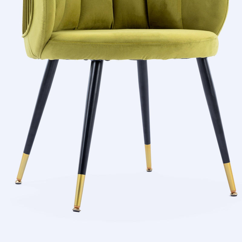 Olive Green Velvet lounge chair, black metal feet, unique back design, suitable for office, living room, bedroom