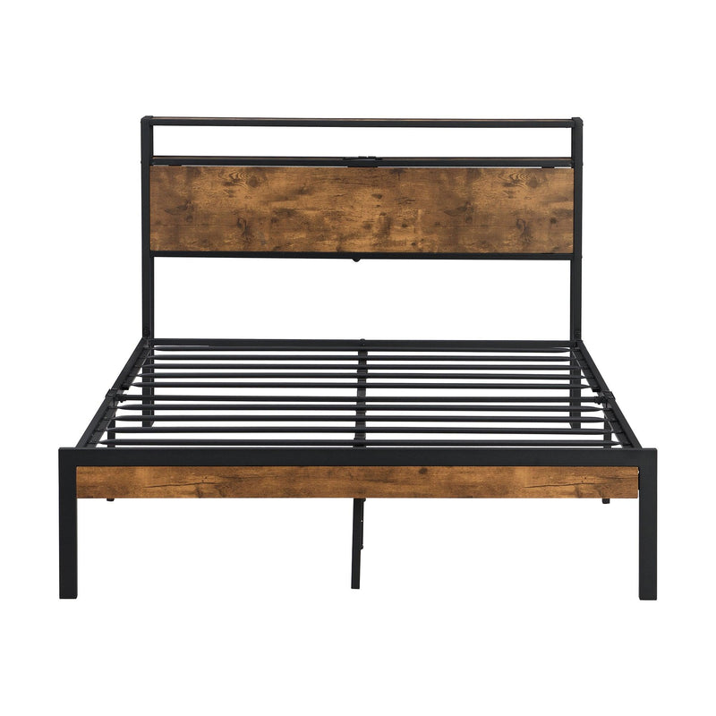 Full Size Metal Platform Bed Frame with Wooden Headboard and Footboard with USB LINER, No Box Spring Needed, Large Under BedStorage, Easy Assemble - Urban Living Furniture (Los Angeles, CA)