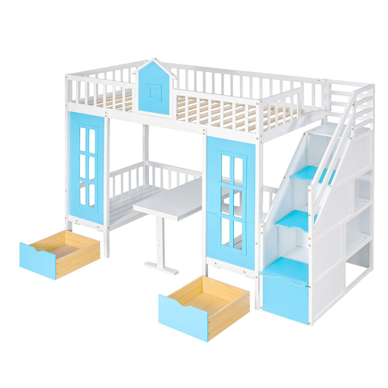 Twin-Over-Twin Bunk Bed with Changeable Table , Bunk Bed  Turn into Upper Bed and Down Desk with 2 Drawers - Blue - Urban Living Furniture (Los Angeles, CA)