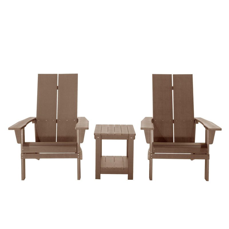 Key West 3 Piece Outdoor Patio All-Weather Plastic Wood Adirondack Bistro Set, 2 Adirondack chairs, and 1 small, side, end table set for Deck, Backyards, Garden, Lawns, Poolside, and Beaches, Brown