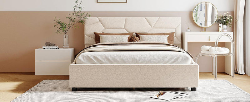 Queen Size Upholstered Platform Bed with Brick Pattern Heardboard and 4 Drawers, Linen Fabric, Beige - Urban Living Furniture (Los Angeles, CA)