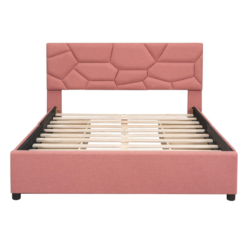 Full Size Upholstered Platform Bed with Brick Pattern Heardboard and 4 Drawers, Linen Fabric, Pink - Urban Living Furniture (Los Angeles, CA)