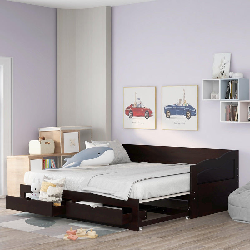 Wooden Daybed with Trundle Bed and TwoStorage Drawers , Extendable Bed Daybed,Sofa Bed with Two Drawers, Espresso - Urban Living Furniture (Los Angeles, CA)