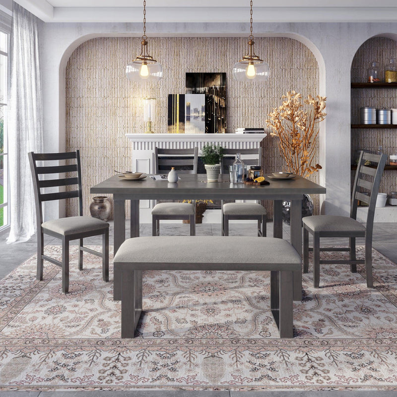 6-Pieces Family Furniture, Solid Wood Dining Room Set with Rectangular Table & 4 Chairs with Bench(Gray) - Urban Living Furniture (Los Angeles, CA)