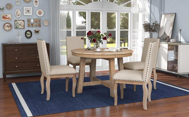 5-Piece Farmhouse Dining Table Set Wood Round Extendable Dining Table and 4 Upholstered Dining Chairs (Natural Wood Wash) - Urban Living Furniture (Los Angeles, CA)