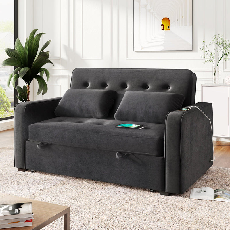 65.7" Linen Upholstered Sleeper Bed , Pull Out Sofa Bed Couch attached two throw pillows,Dual USB Charging Port and Adjustable Backrest for Living Room Space，Black