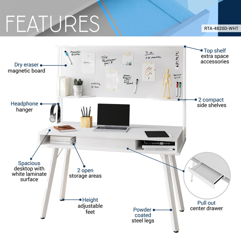 Techni Mobili Study Computer Desk withStorage & Magnetic Dry Erase White Board, White - Urban Living Furniture (Los Angeles, CA)