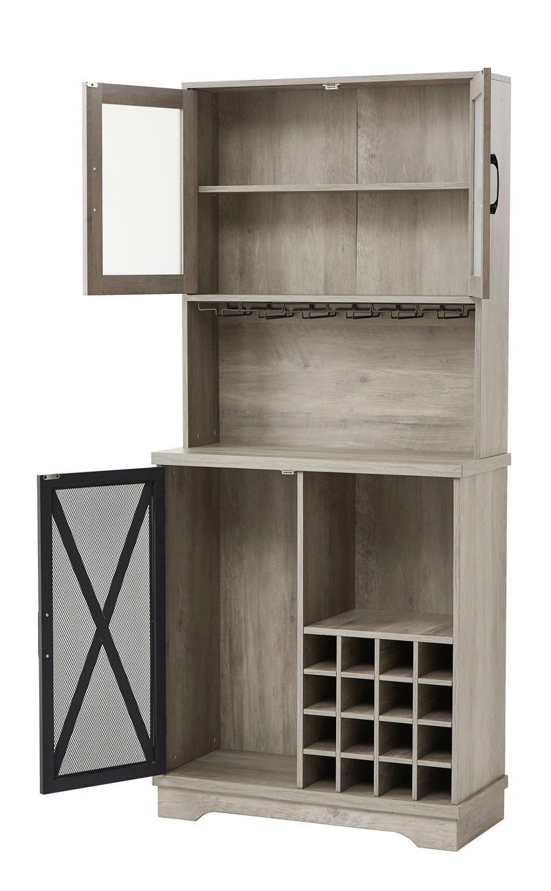 Farmhouse Wine Cabinet , Large Capacity Kitchen SideboardStorage Cabinet With Wine Rack And Glass Holder, Adjustable Shelf And 16 Square Compartments (Gray, 31.50" W*13.4" D*71.06"H) - Urban Living Furniture (Los Angeles, CA)