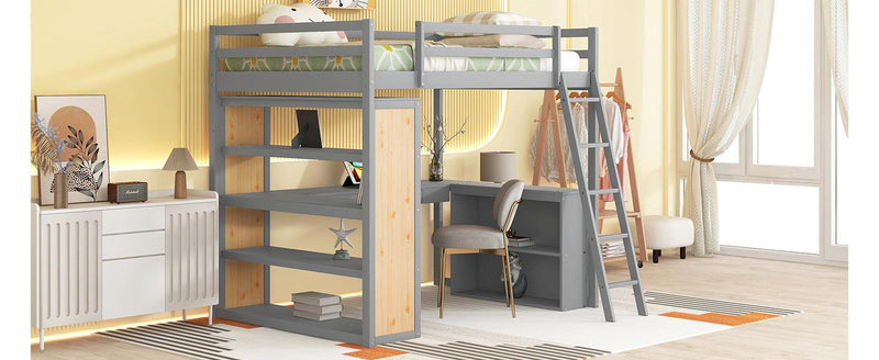 Full Size Loft Bed with Ladder, Shelves, and Desk, Gray - Urban Living Furniture (Los Angeles, CA)