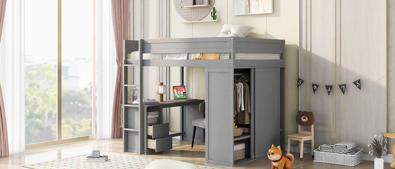 Wood Full Size Loft Bed with Wardrobes and 2-Drawer Desk with Cabinet, Gray - Urban Living Furniture (Los Angeles, CA)