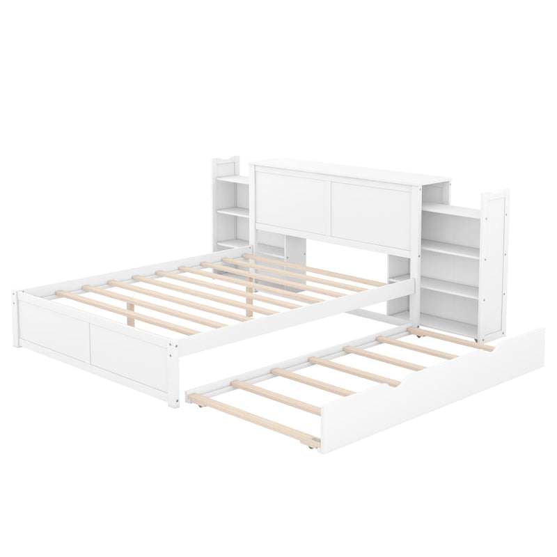 Queen SizeStorage Platform Bed with Pull Out Shelves and Twin Size Trundle, White - Urban Living Furniture (Los Angeles, CA)