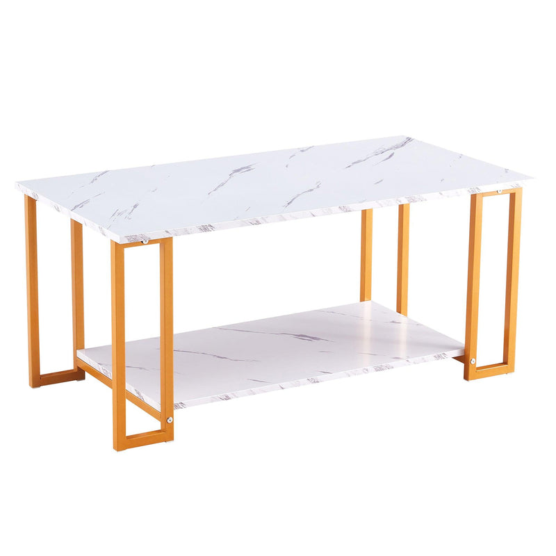 Coffee Table, 2 Layers 1.5cm Thick Marble MDF Rectangle 39.37" L Tabletop Iron Coffee Table , Dining Room, Coffee Shop, Resterant, White Top, ld Leg - Urban Living Furniture (Los Angeles, CA)