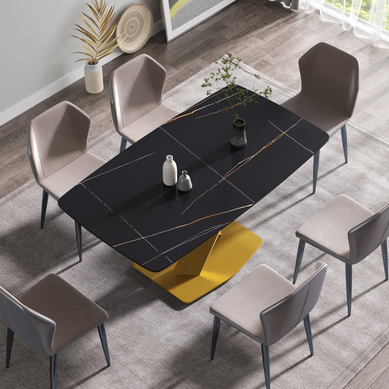 63"Modern artificial stone black curved golden metal leg dining table -6 people