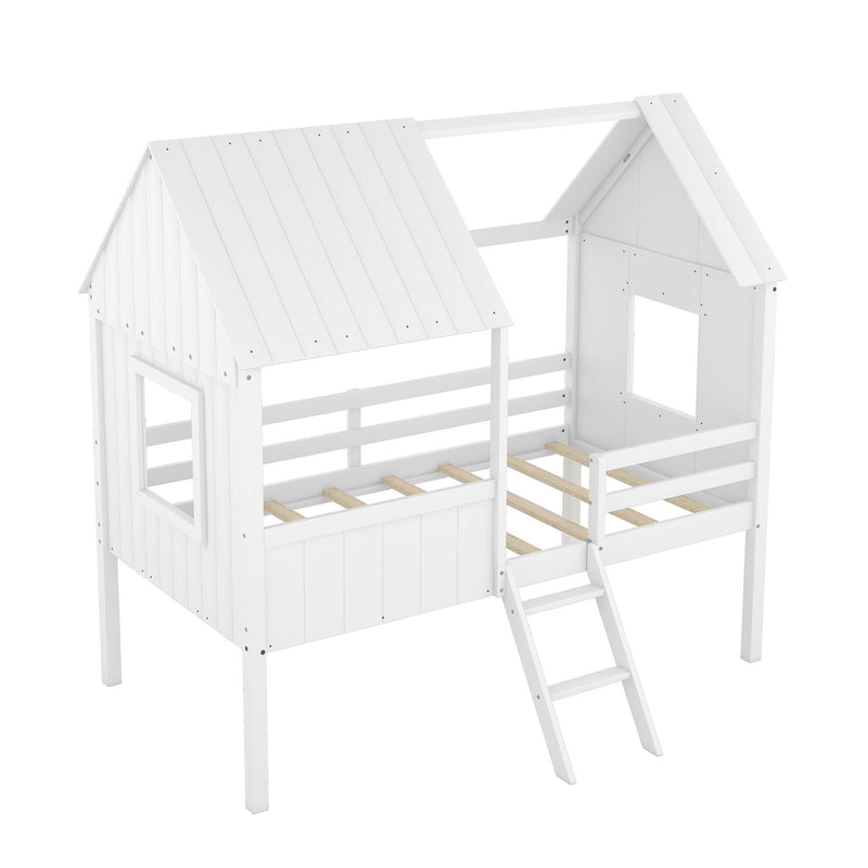 Twin Size Low Loft Wood House Bed with Two Side Windows  (White) - Urban Living Furniture (Los Angeles, CA)