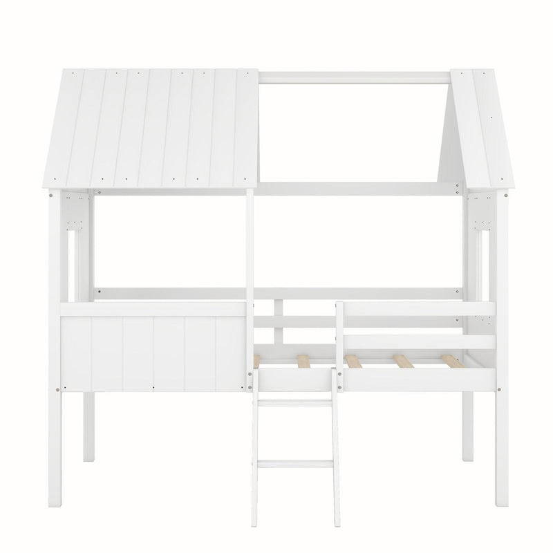 Twin Size Low Loft Wood House Bed with Two Side Windows  (White) - Urban Living Furniture (Los Angeles, CA)