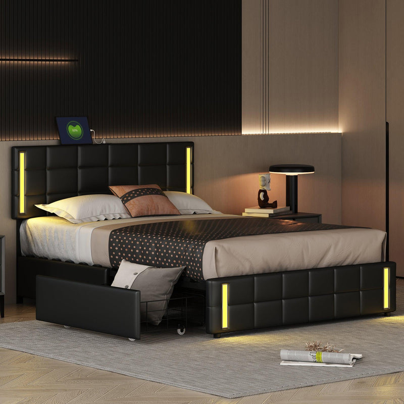 Queen Size Upholstered Platform Bed with LED Lights and USB Charging,Storage Bed with 4 Drawers, Black - Urban Living Furniture (Los Angeles, CA)