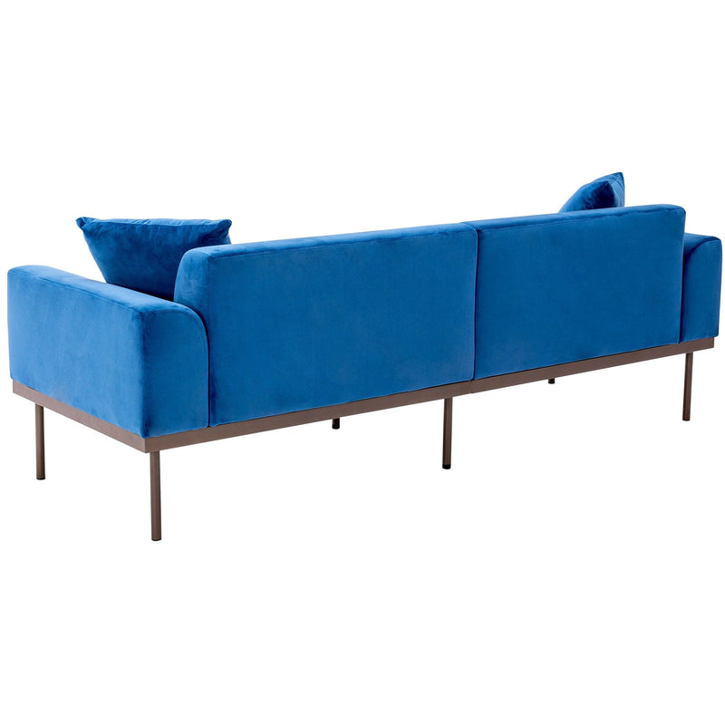 Modern Velvet Sofa with Metal Legs,Loveseat Sofa Couch with Two Pillows for Living Room and Bedroom,Blue