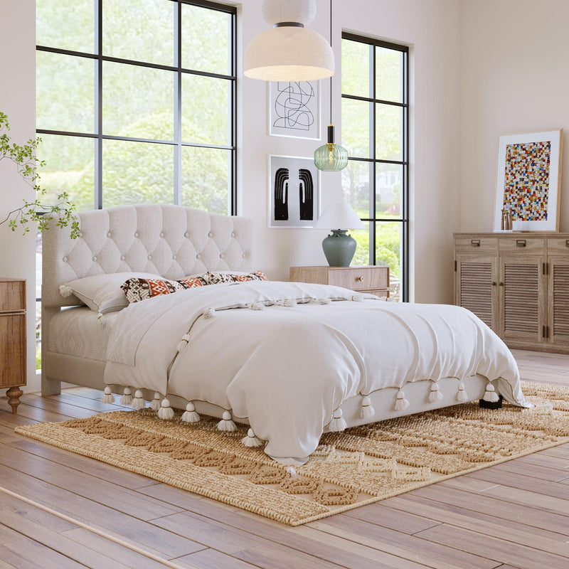 Upholstered Platform Bed with Saddle Curved Headboard and Diamond Tufted Details, Queen, Beige - Urban Living Furniture (Los Angeles, CA)