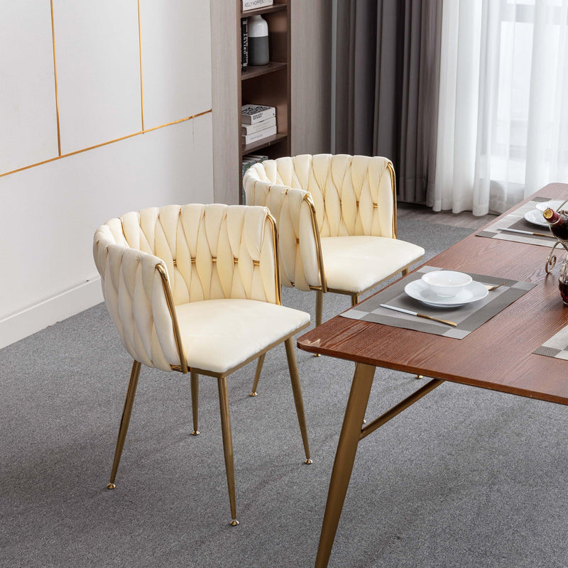 Modern Design Golden Metal Frame Velvet Fabric Dining Chair with Golden Legs,Set of 2,Ivory