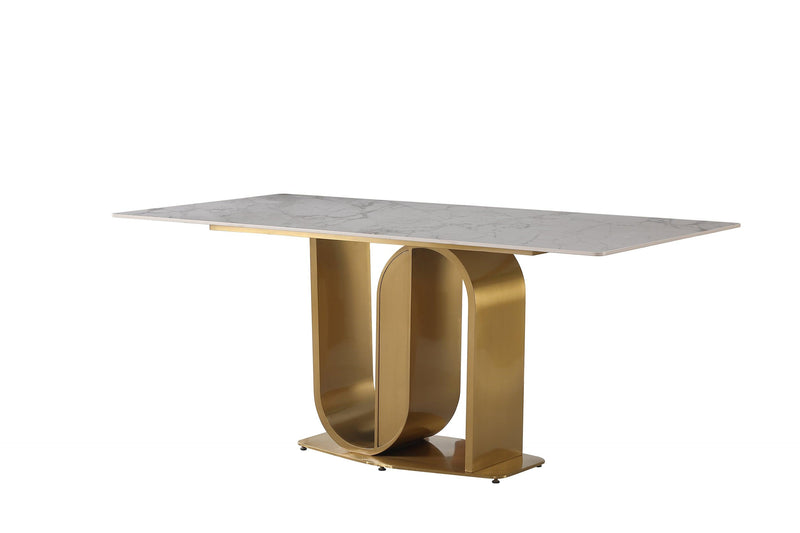 71" Contemporary Dining Table in Gold with Sintered Stone Top and  U shape Pedestal Base in Gold finish with 6 pcs Chairs .