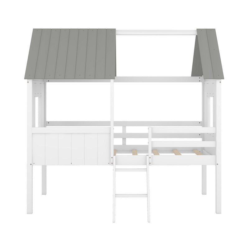 Twin Size Low Loft Wood House Bed with Two Side Windows  (White+Gray) - Urban Living Furniture (Los Angeles, CA)