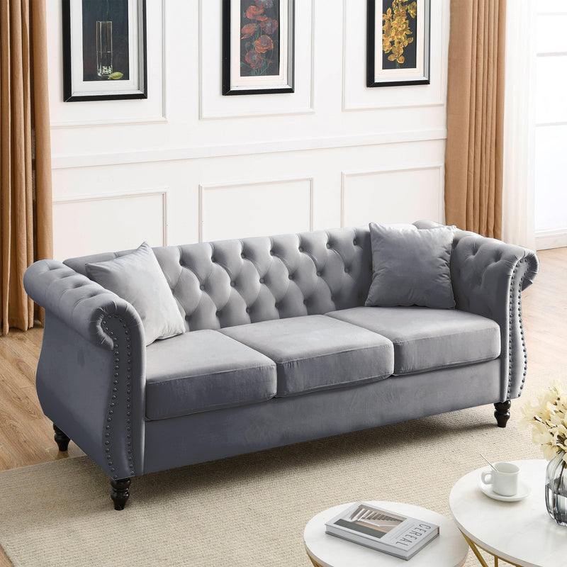 80" Chesterfield Sofa Grey Velvet for Living Room, 3 Seater Sofa Tufted Couch with Rolled Arms and Nailhead for Living Room, Bedroom, Office, Apartment, two pillows - Urban Living Furniture (Los Angeles, CA)