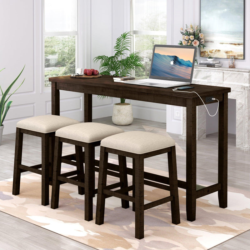 4 Pieces Counter Height Table with Fabric Padded Stools, Rustic Bar Dining Set with Socket, Brown - Urban Living Furniture (Los Angeles, CA)