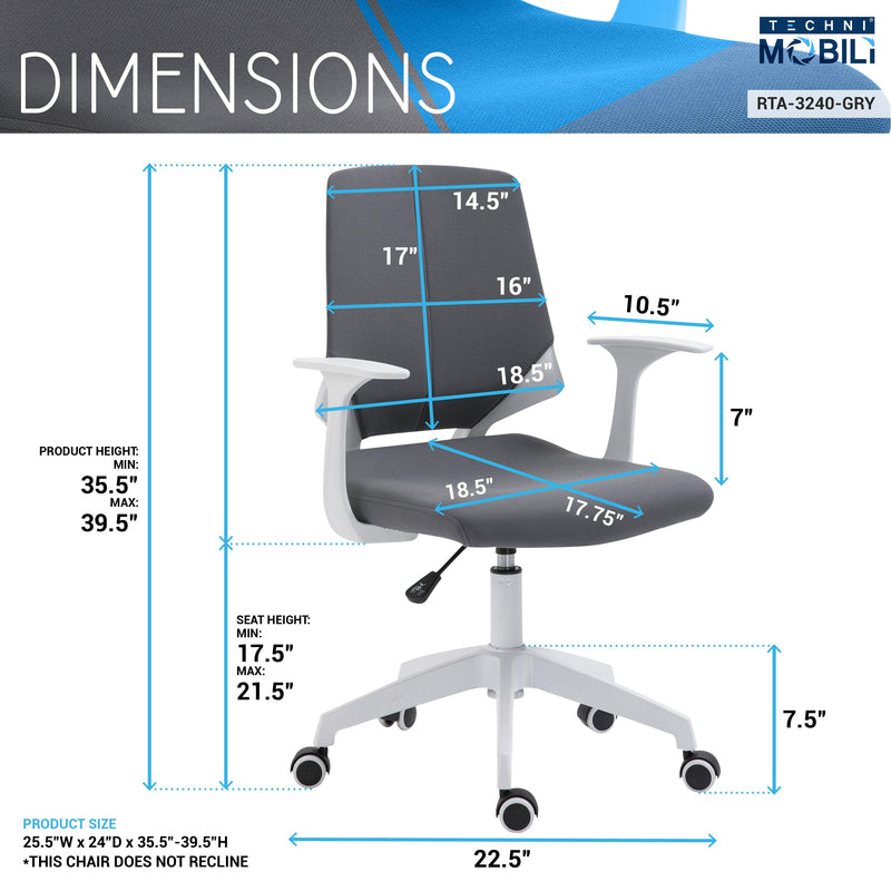 Techni Mobili Height Adjustable Mid Back Office Chair, Grey