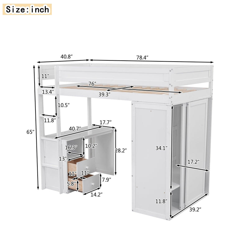 Wood Twin Size Loft Bed with Wardrobes and 2-Drawer Desk with Cabinet, White - Urban Living Furniture (Los Angeles, CA)