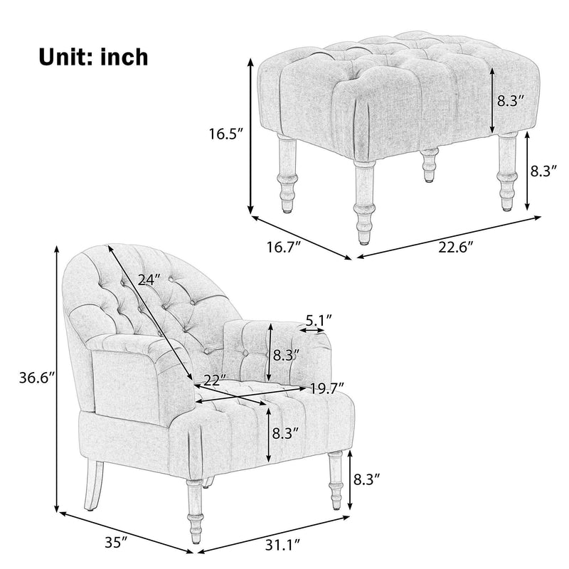 Accent Chair,Button-Tufted Upholstered Chair Set ,Mid CenturyModern Chair with Linen Fabric and Ottoman for Living Room Bedroom Office Lounge,Blue