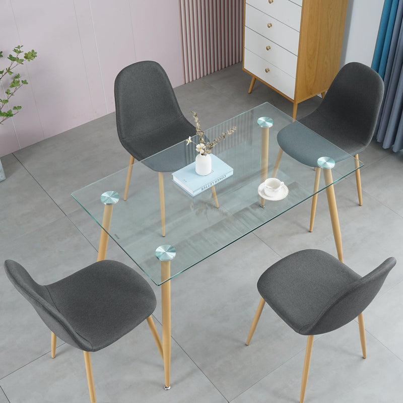 Dining Table SetModern 5 Pieces Dining Room Set Mid Century Tempered Glass Kitchen Table and 4 Deep GreyModern Fabric Chairs with wood-transfer Metal Legs