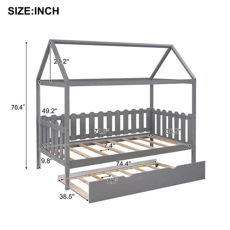 Twin Size House Bed with Trundle, Fence-shaped Guardrail, Gray(New) - Urban Living Furniture (Los Angeles, CA)