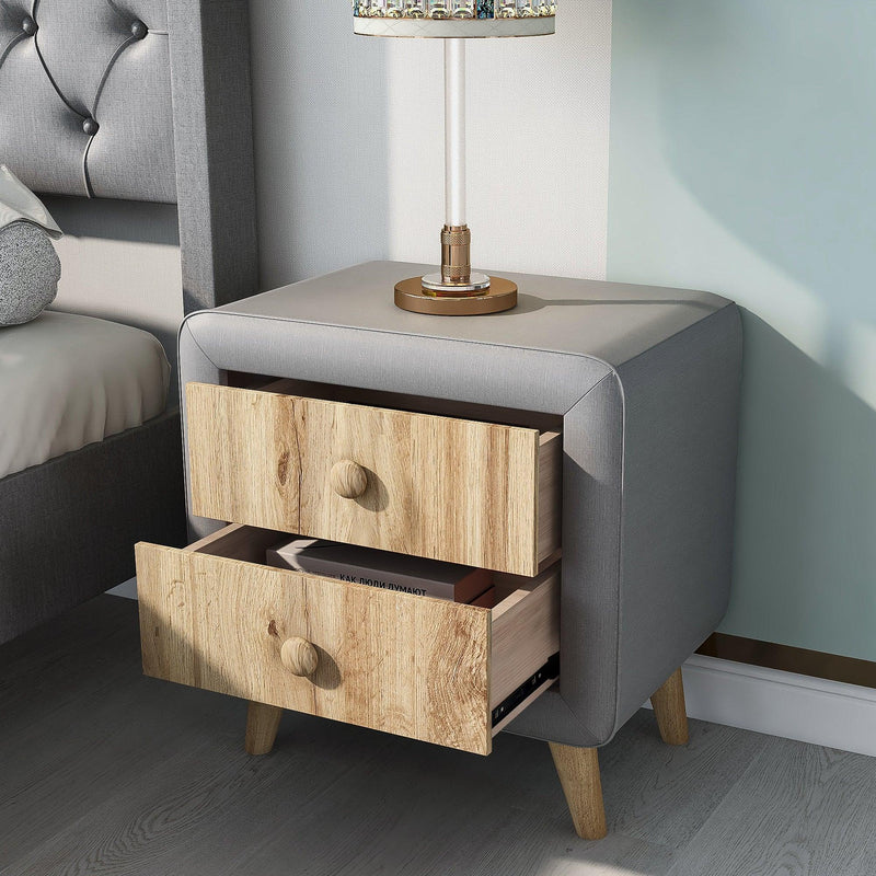 Upholstered Wooden Nightstand with 2 Drawers,Fully Assembled Except Legs and Handles,Bedside Table with Rubber Wood Leg-Gray - Urban Living Furniture (Los Angeles, CA)