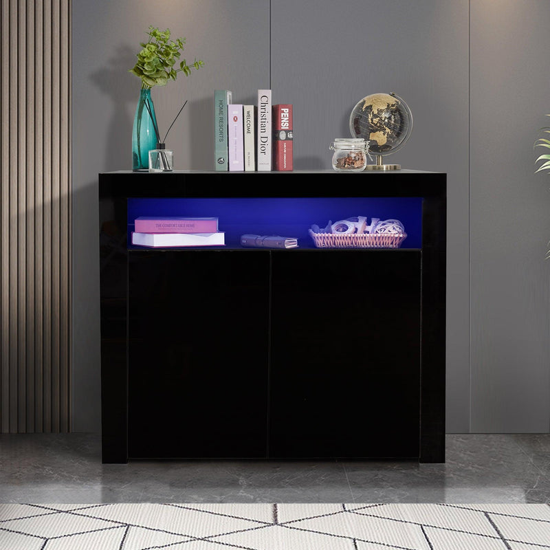 Living Room SideboardStorage Cabinet Black High Gloss with LED Light,Modern Kitchen Unit Cupboard Buffet WoodenStorage Display Cabinet TV Stand with 2 Doors for Hallway Dining Room