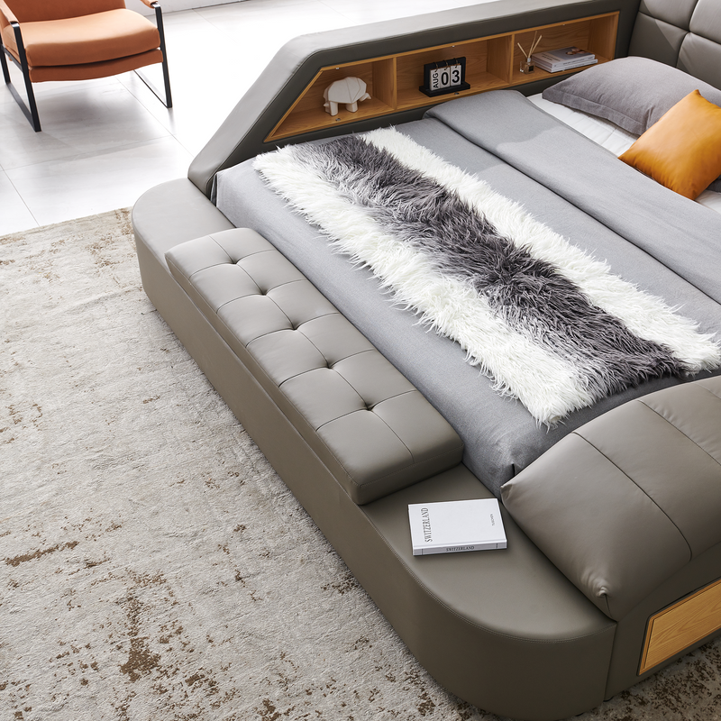 Multifunctional UpholsteredStorage Bed Frame, Massage Chaise Lounge on Left, King Size, Grey